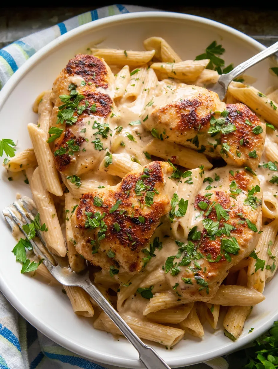 A plate of chicken and pasta.