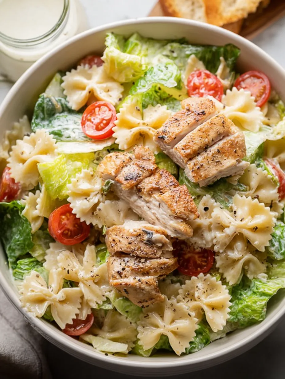 A bowl of pasta salad with chicken, tomatoes, and lettuce.