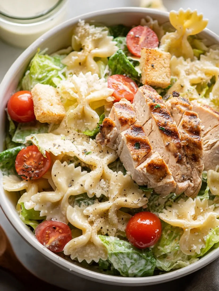 A bowl of pasta salad with chicken and tomatoes.