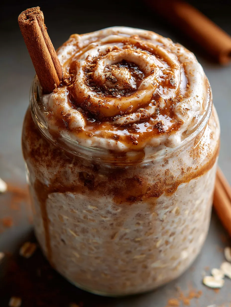 A jar of cinnamon rolls with a cinnamon stick in it.