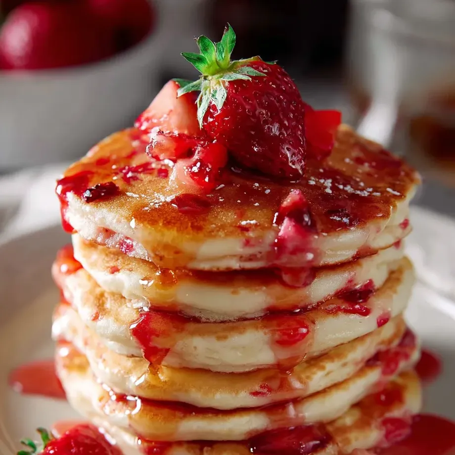 A stack of pancakes with strawberries on top.