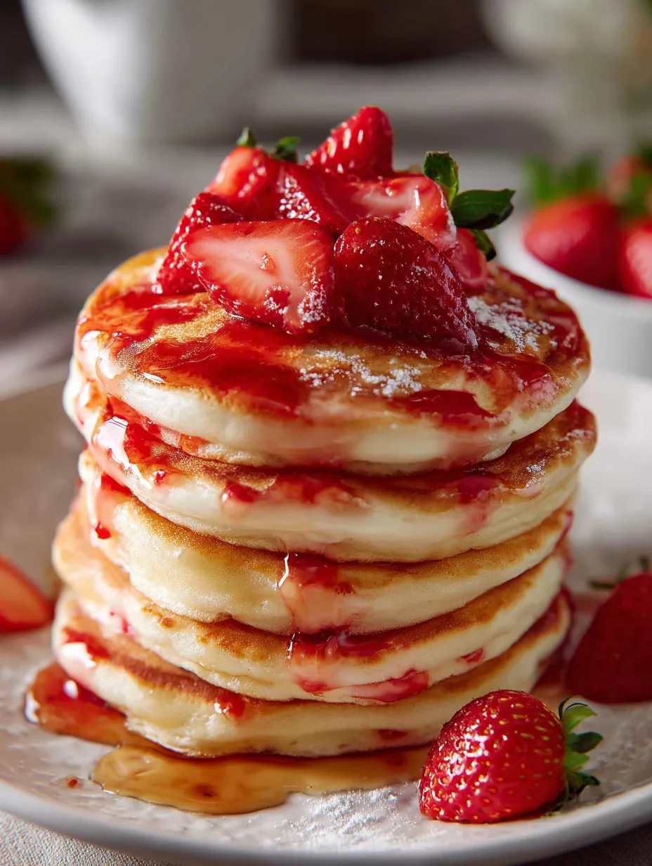 A stack of pancakes with strawberries on top.