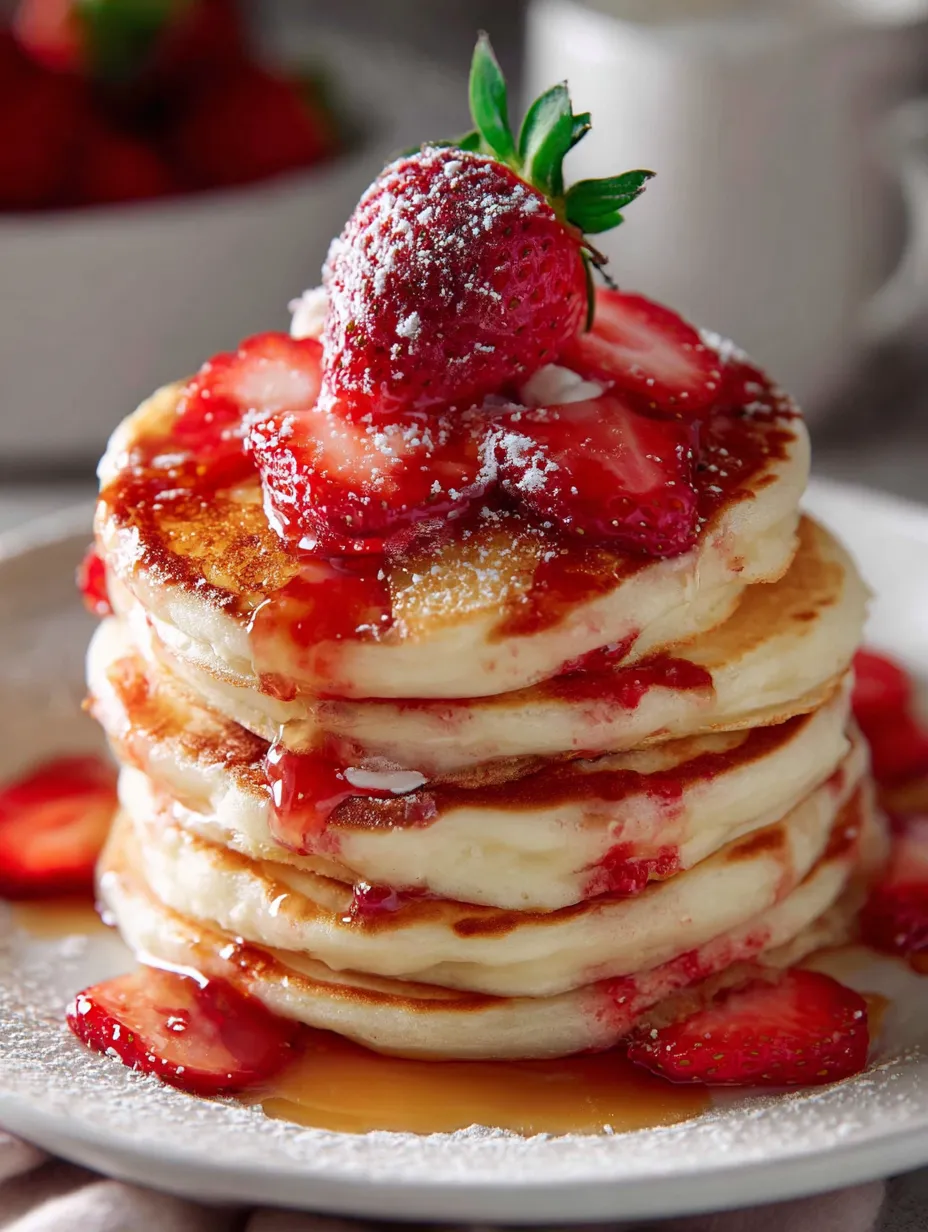 A stack of pancakes with strawberries on top.