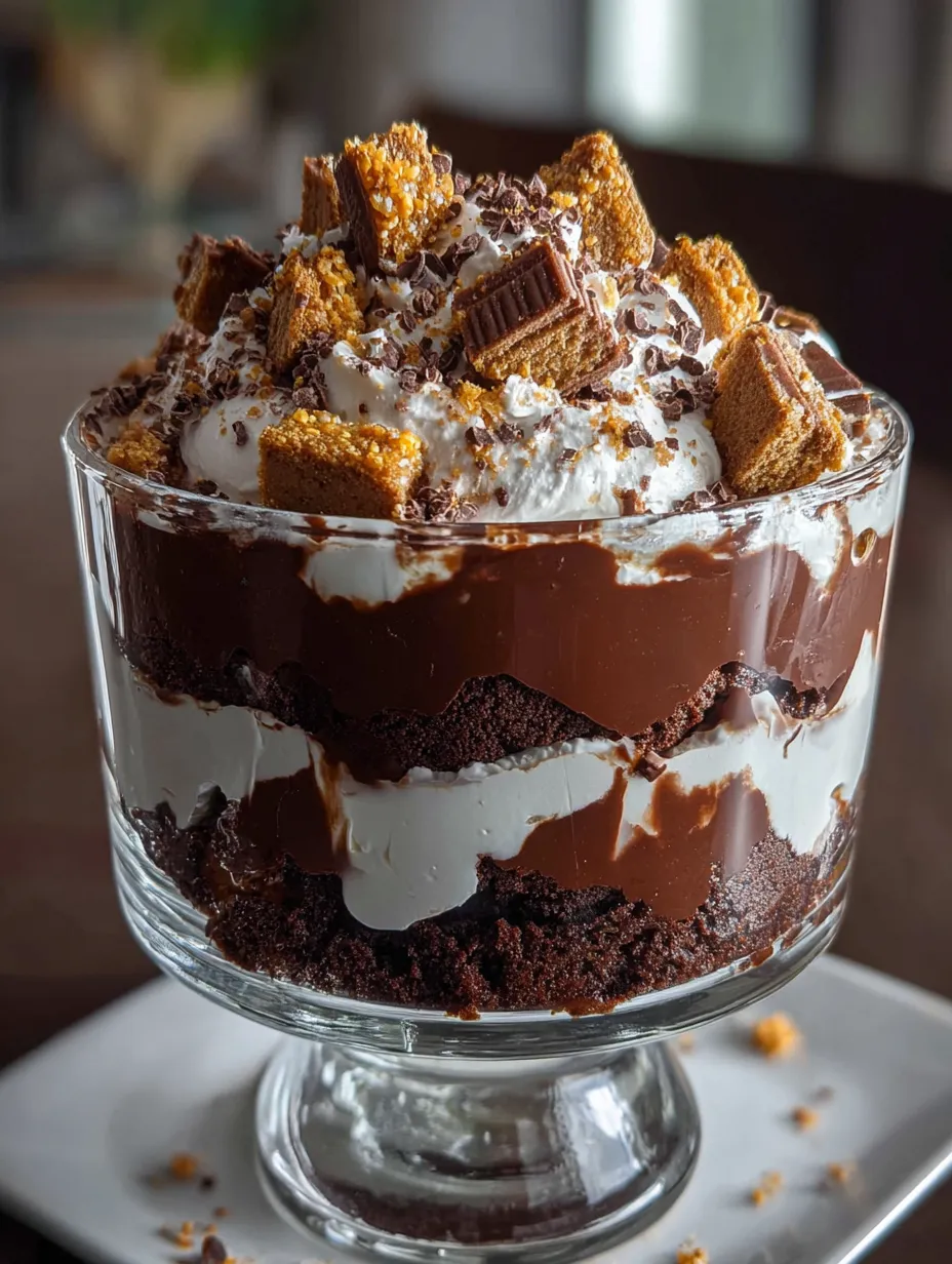 A chocolate dessert with white cream and crispy cereal.