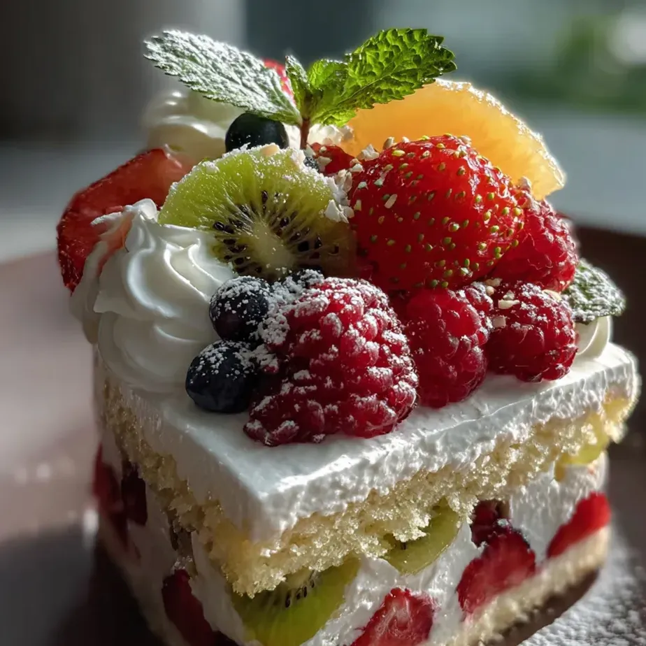 A slice of cake with fruit on top.