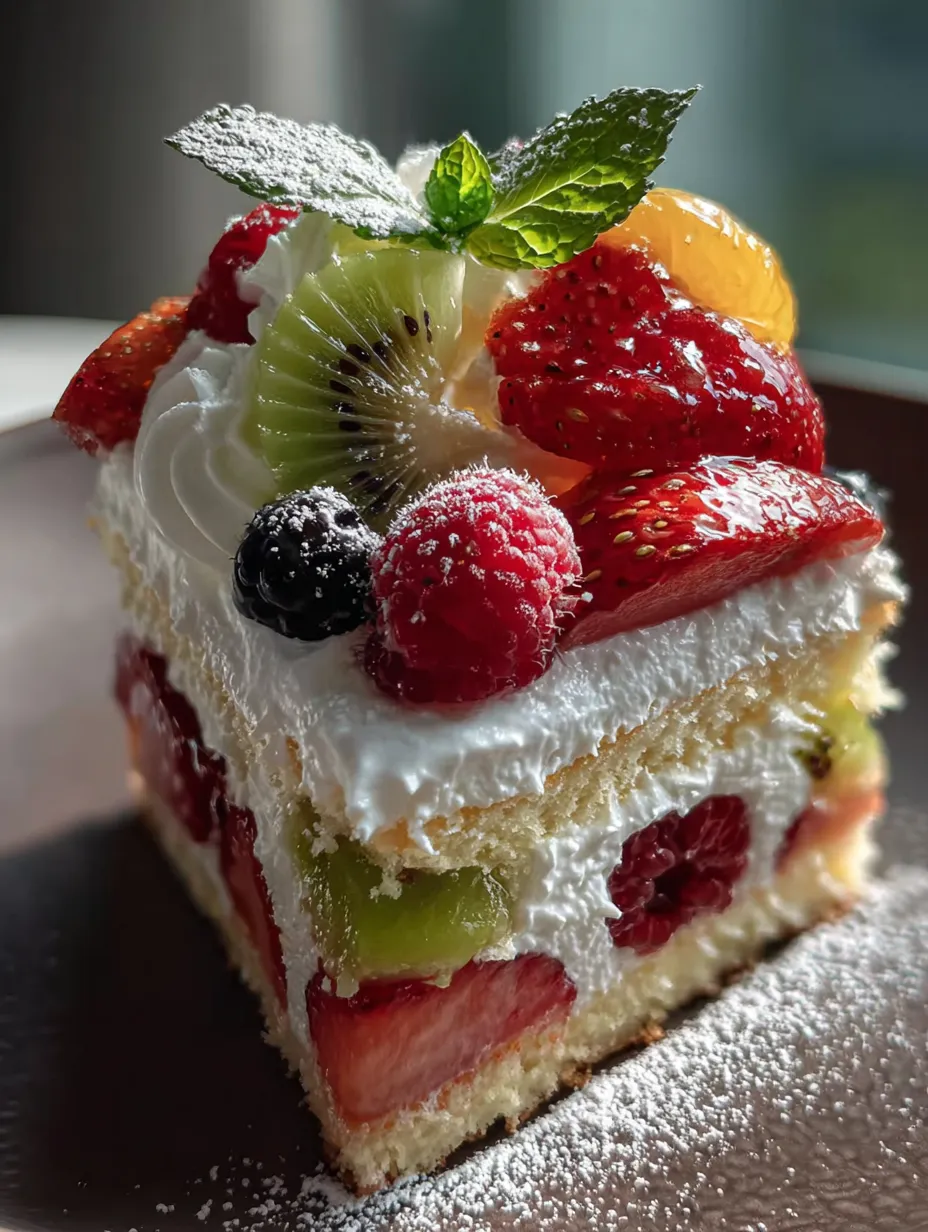 A slice of cake with fruit on top.