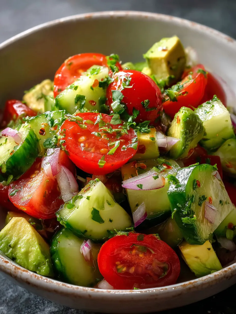 A bowl of vegetables including tomatoes, cucumbers, and avocados.