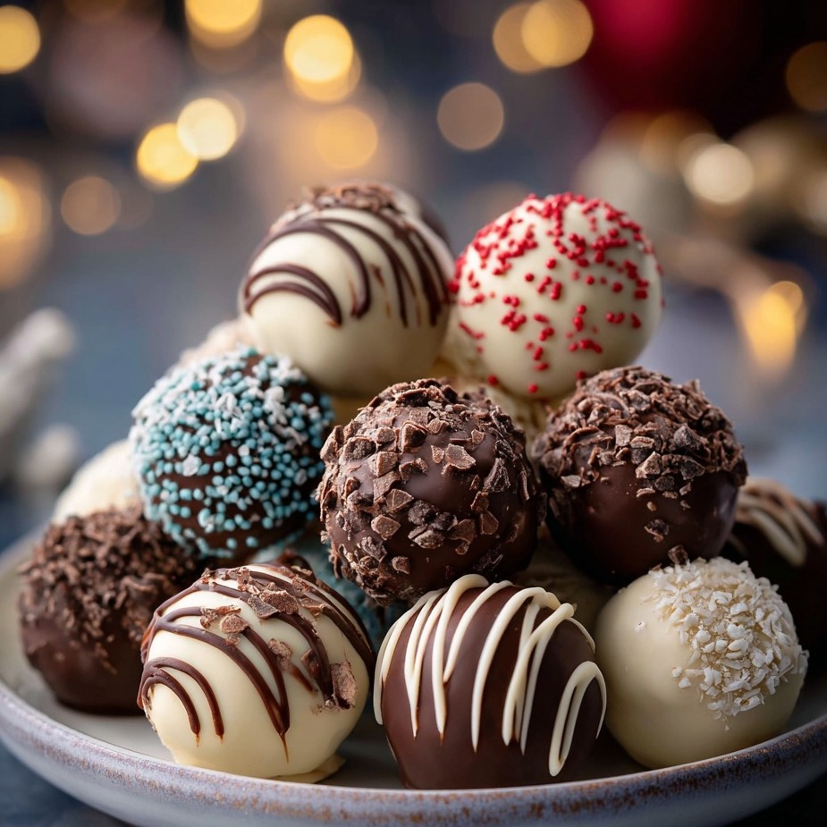 A plate of chocolate and white balls.