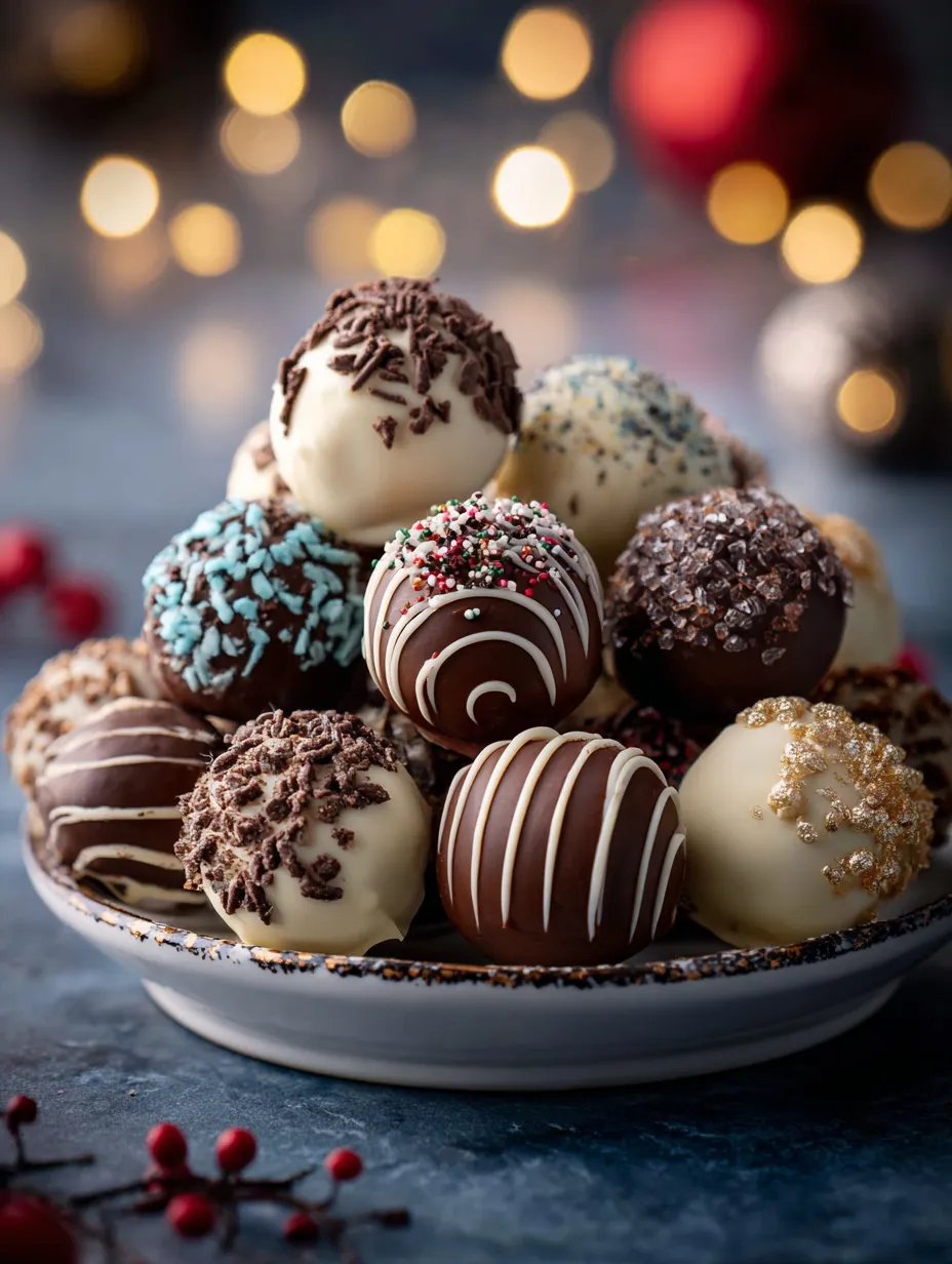 A plate of chocolate and white balls.