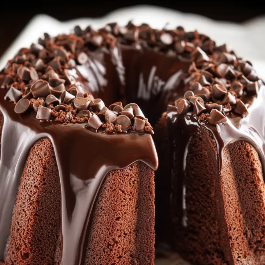 A chocolate cake with chocolate chips.
