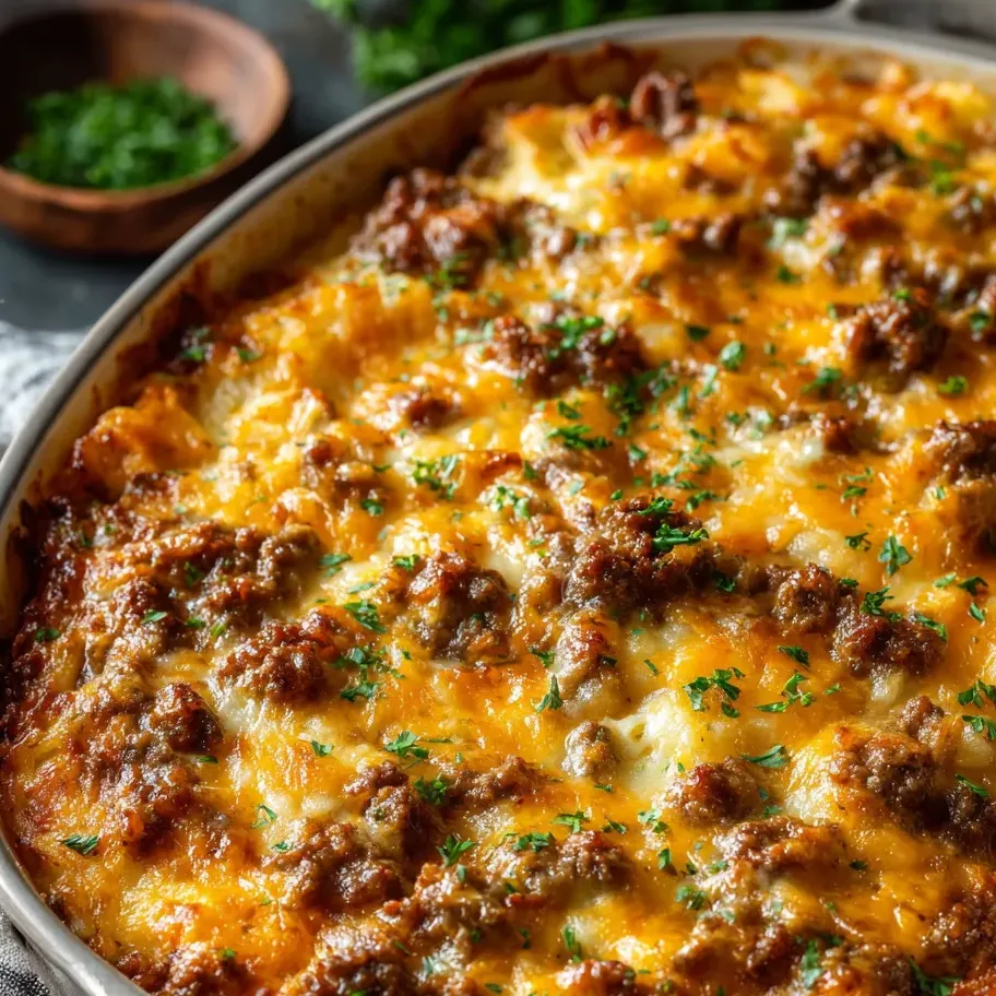 A casserole dish filled with meat and cheese.