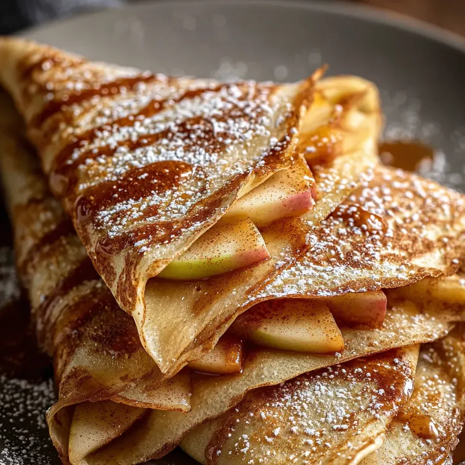 A stack of apple crepes with powdered sugar.