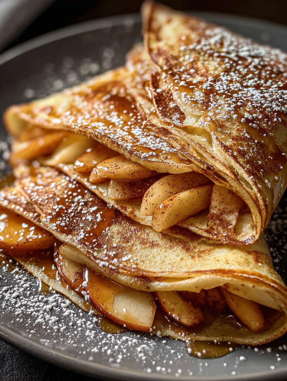 A stack of apple pancakes with powdered sugar.