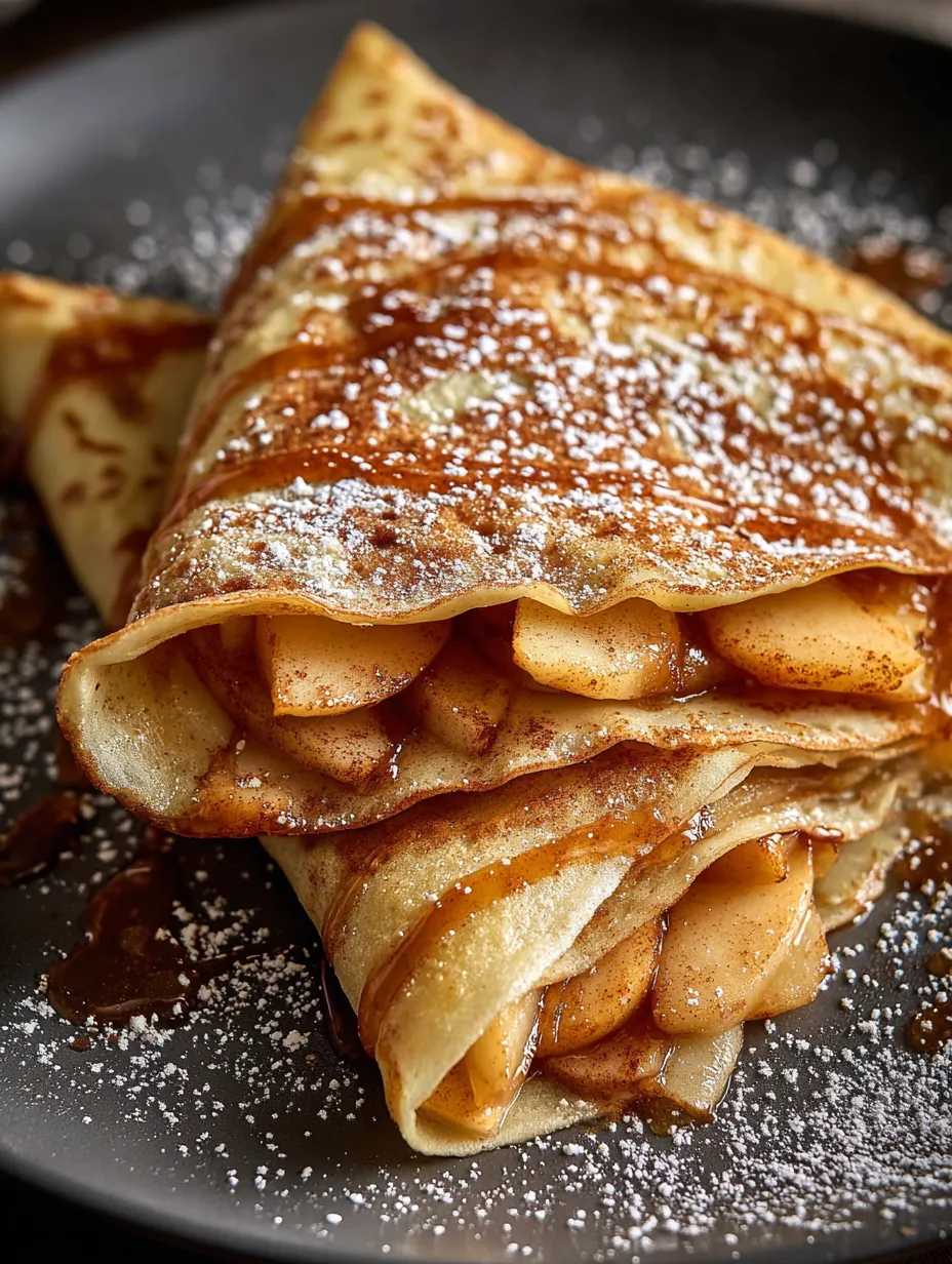 A stack of apple pies with a dusting of powdered sugar.
