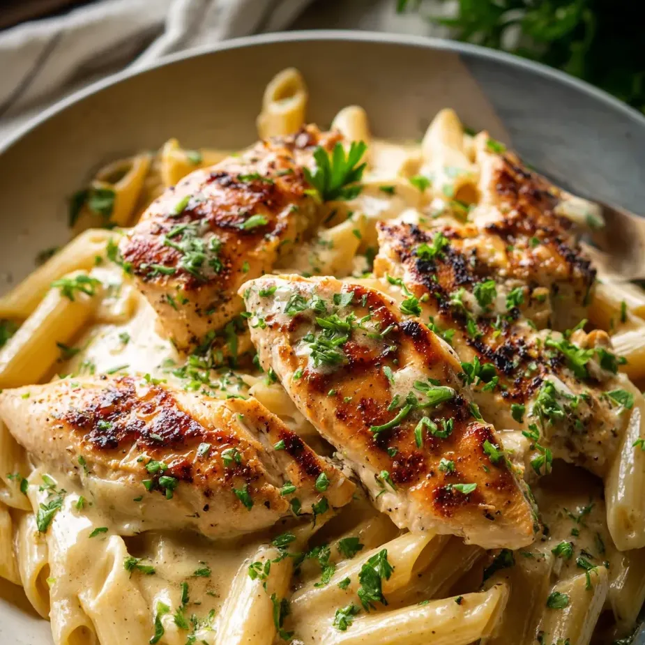 A plate of chicken and pasta.