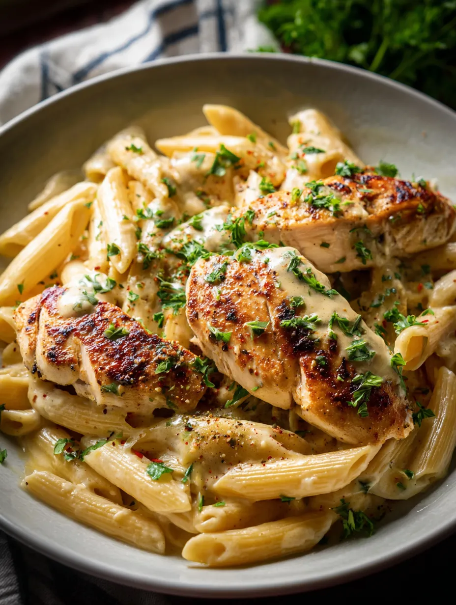 A bowl of pasta with chicken and cheese.