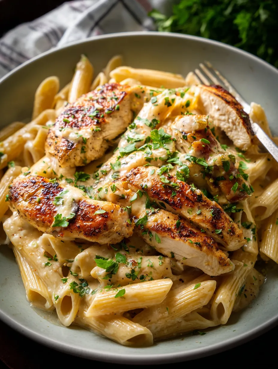 A plate of pasta with chicken and green herbs.
