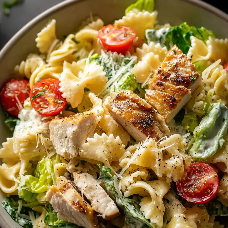 A bowl of pasta with chicken and tomatoes.