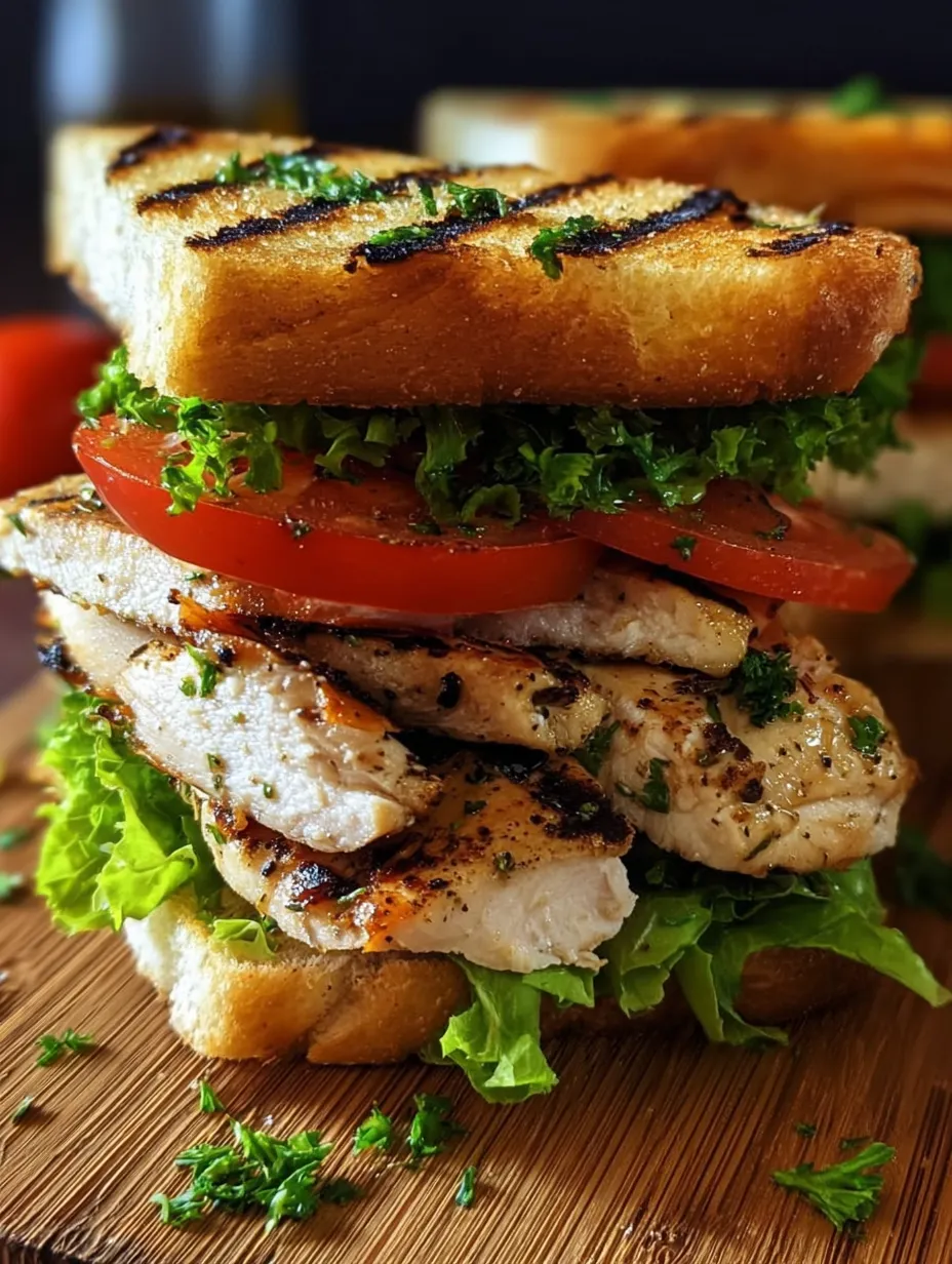 A sandwich with chicken, lettuce, and tomato.