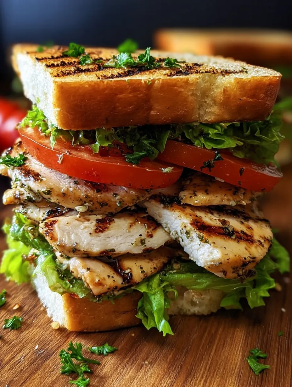 A sandwich with chicken, lettuce, tomato, and herbs.