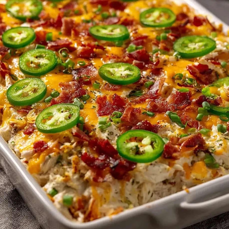 A dish with bacon and jalapenos.