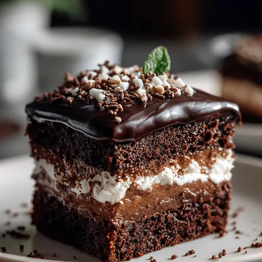 A slice of chocolate cake with white frosting.