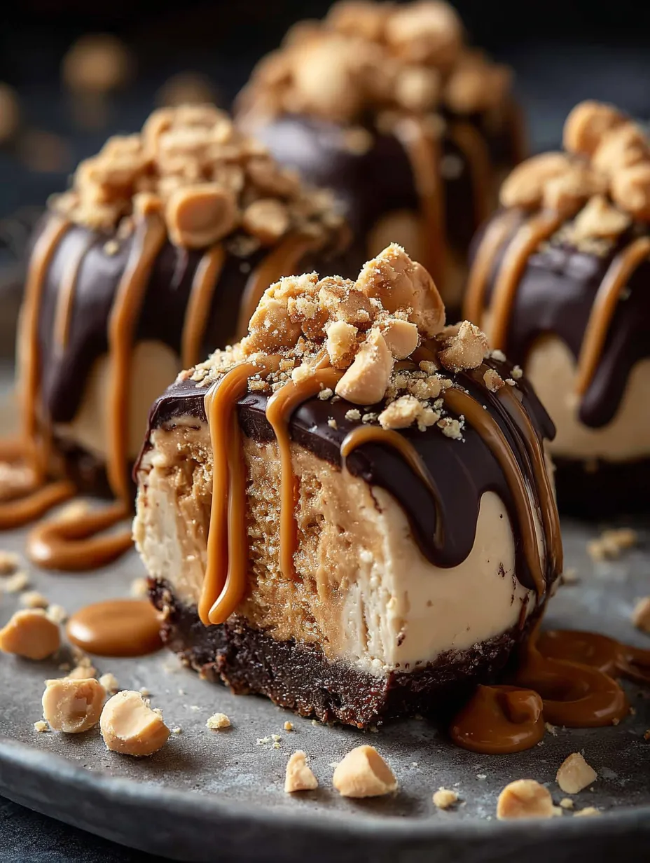 A chocolate cake with peanut butter and caramel drizzle.