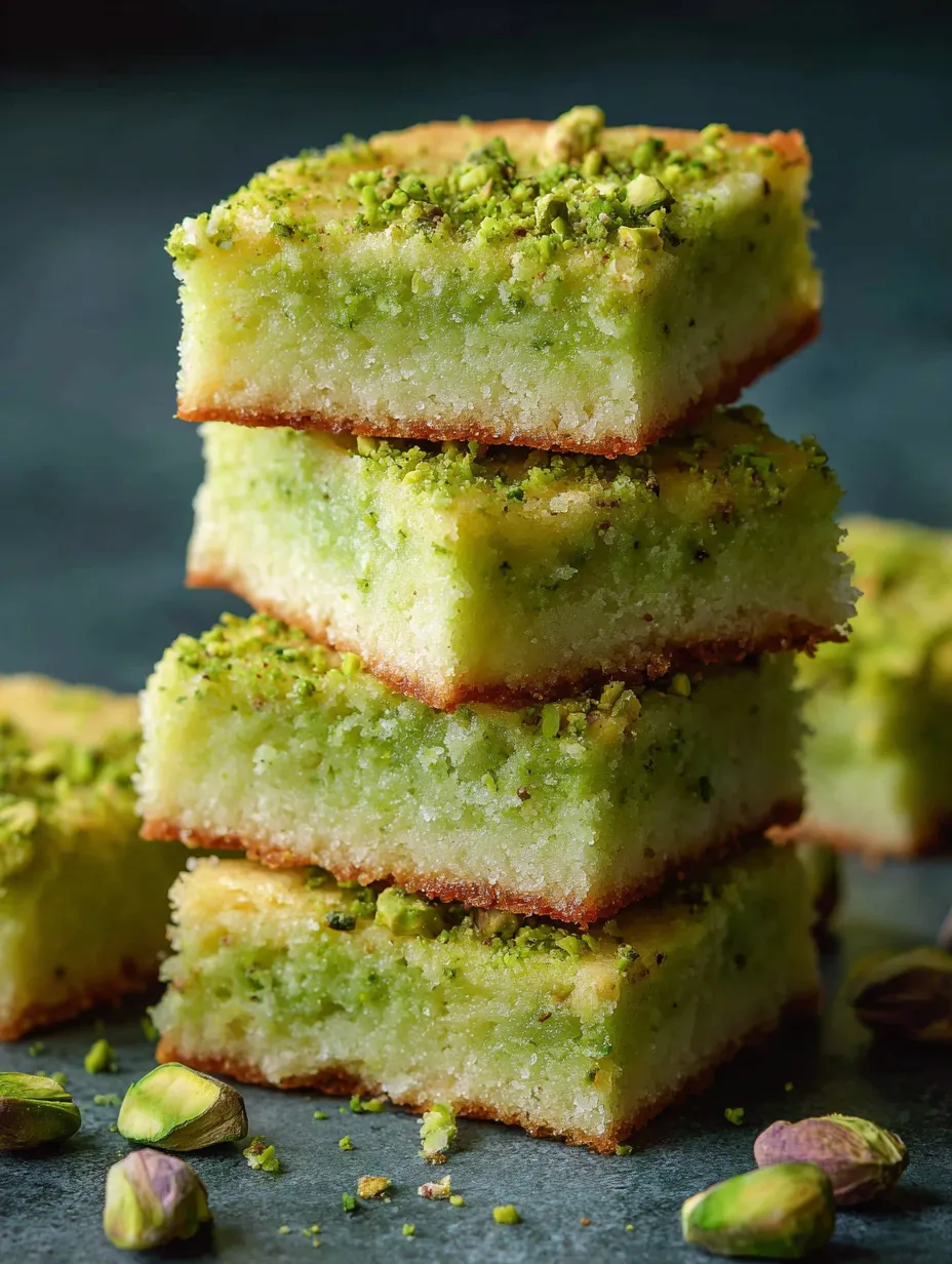 A stack of cake squares with green toppings.
