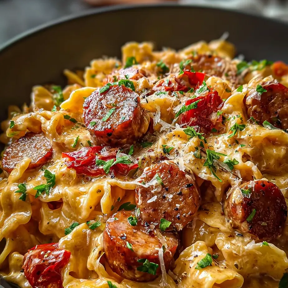 A bowl of pasta with sausage and peppers.