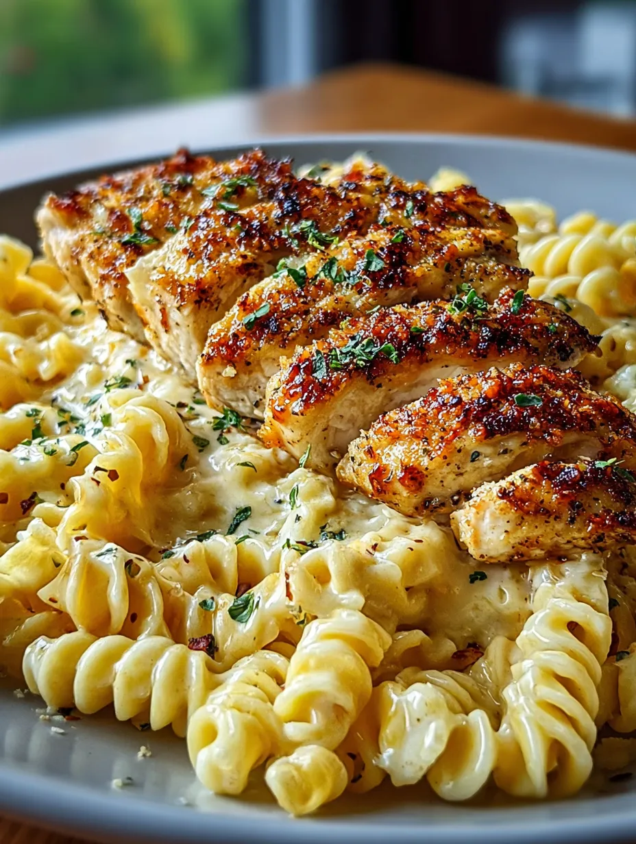 A plate of food with chicken and pasta.