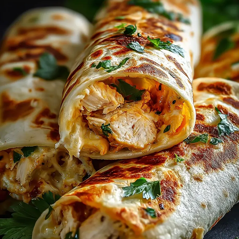A burrito with chicken and cheese.