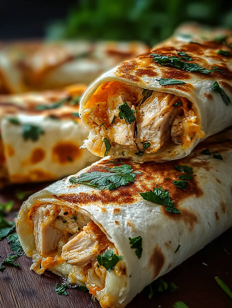 A chicken burrito with green toppings.