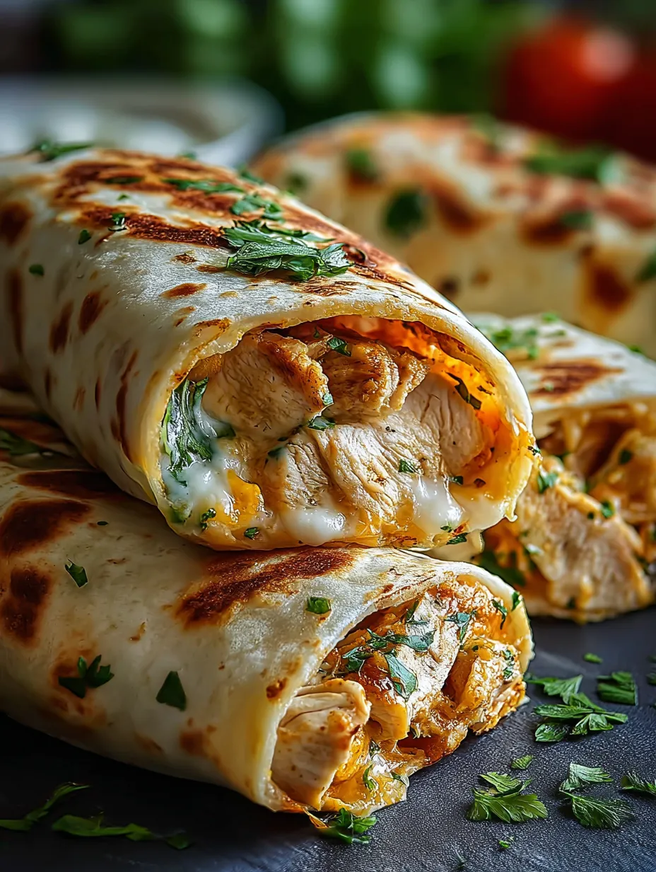 A chicken burrito with cheese and green onions.