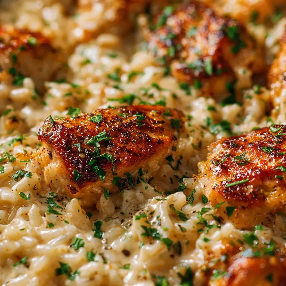 A plate of rice with chicken and herbs.