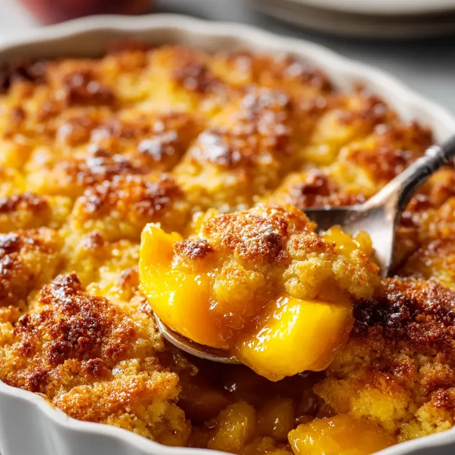 A spoonful of peach cobbler.