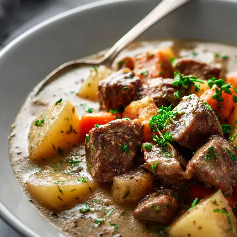 A bowl of soup with meat and vegetables.