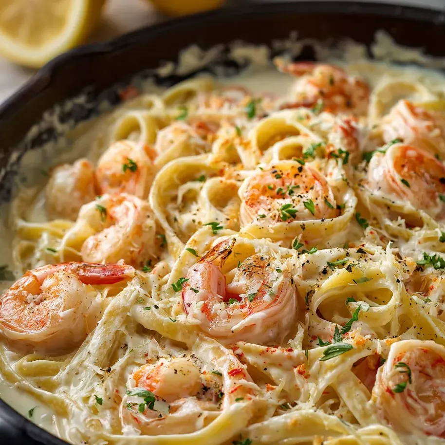 A bowl of pasta with shrimp and cheese.