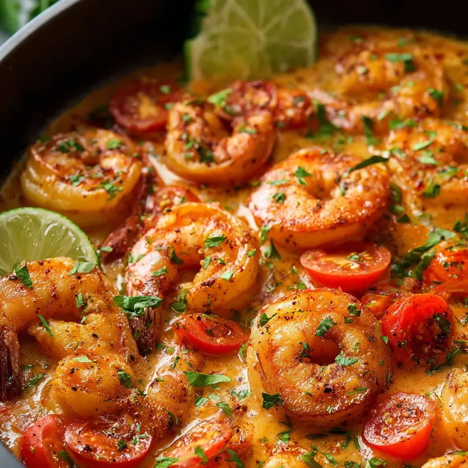 A bowl of shrimp and tomatoes.