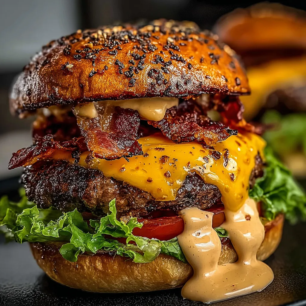 A close up of a burger with bacon and cheese.