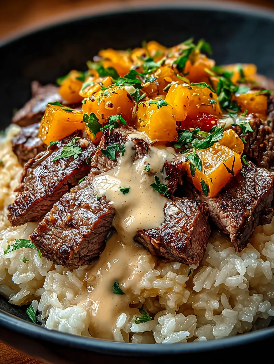 A bowl of rice with meat and sauce.