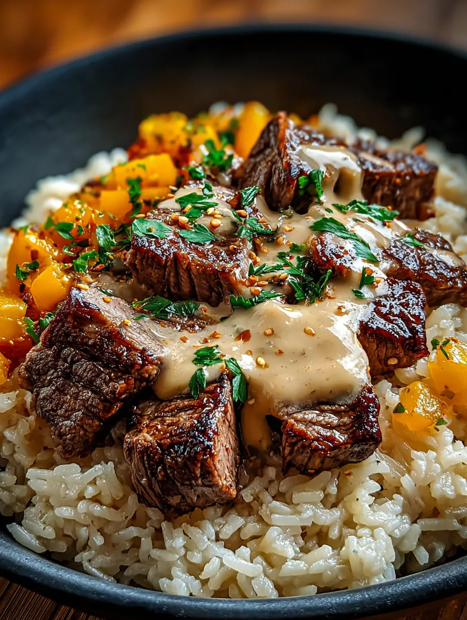 A plate of rice with meat and sauce.