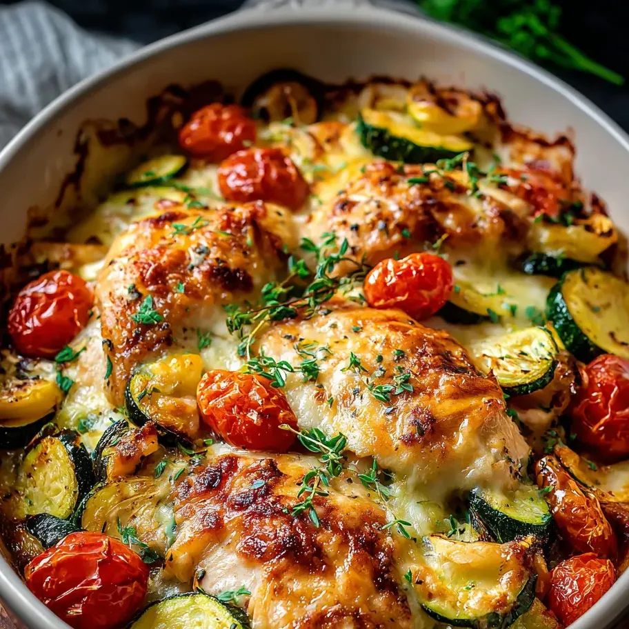 A bowl of food with tomatoes, zucchini, and chicken.
