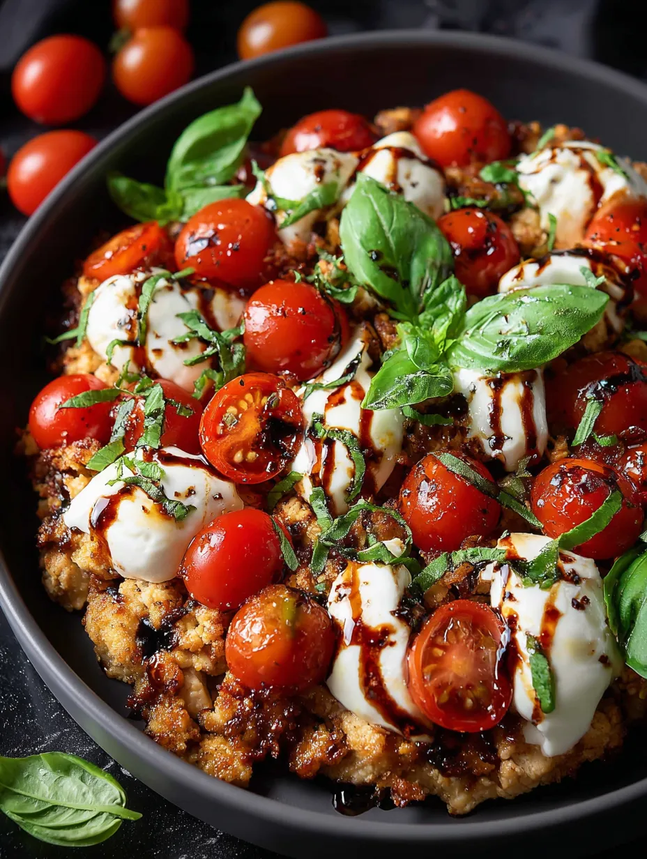 A bowl of food with tomatoes and cheese.