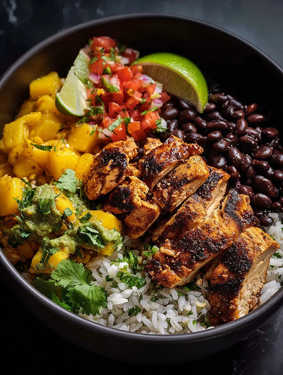A bowl of food with rice, beans, and chicken.