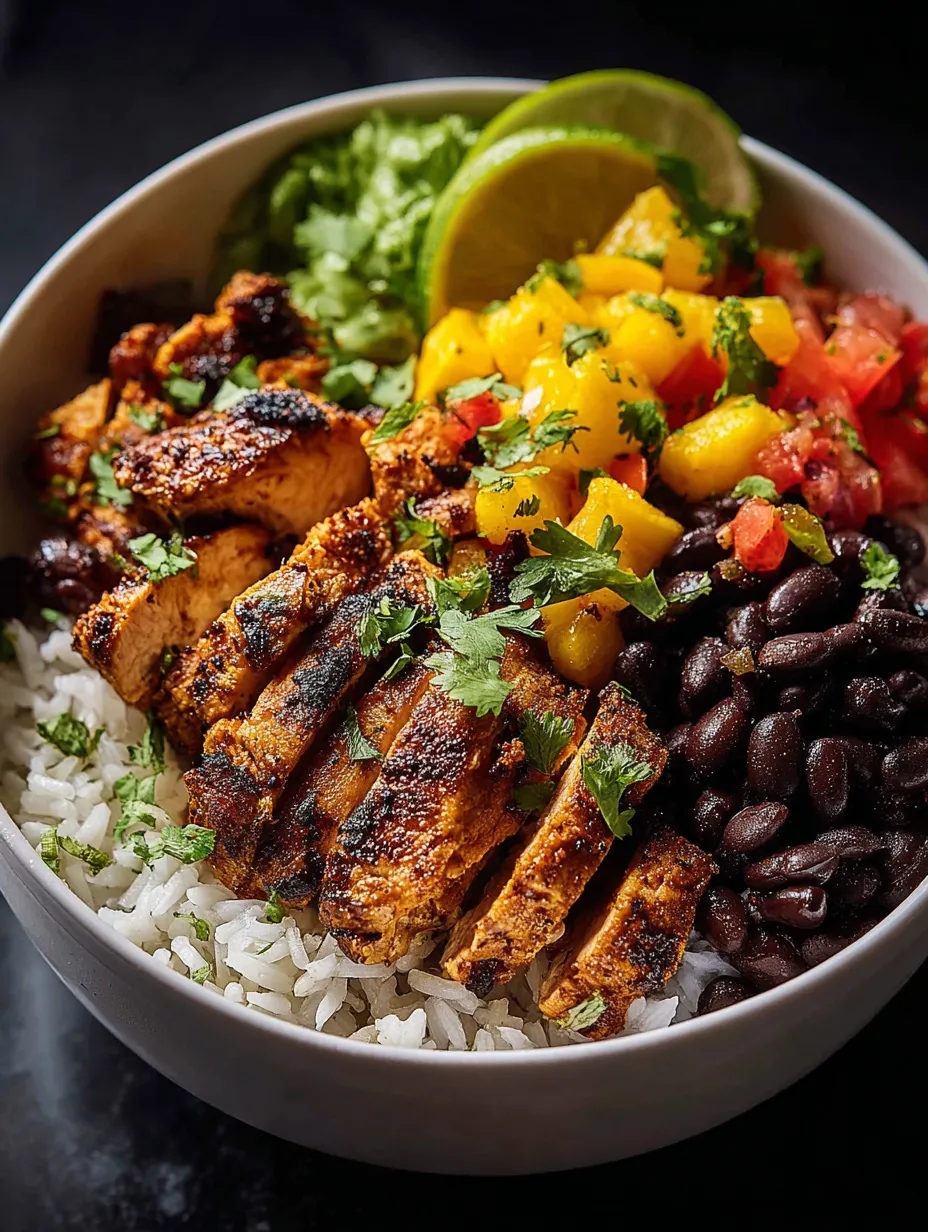 A bowl of food with rice, beans, chicken, and lime.