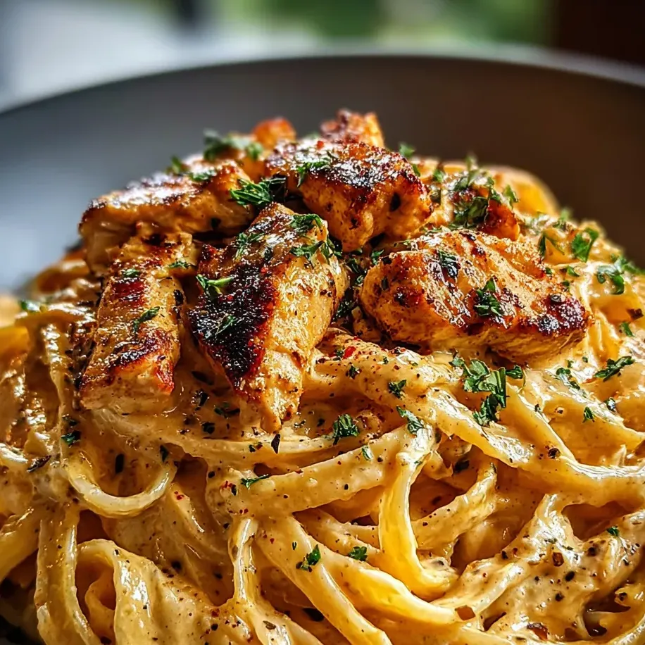 A bowl of pasta with chicken and herbs.