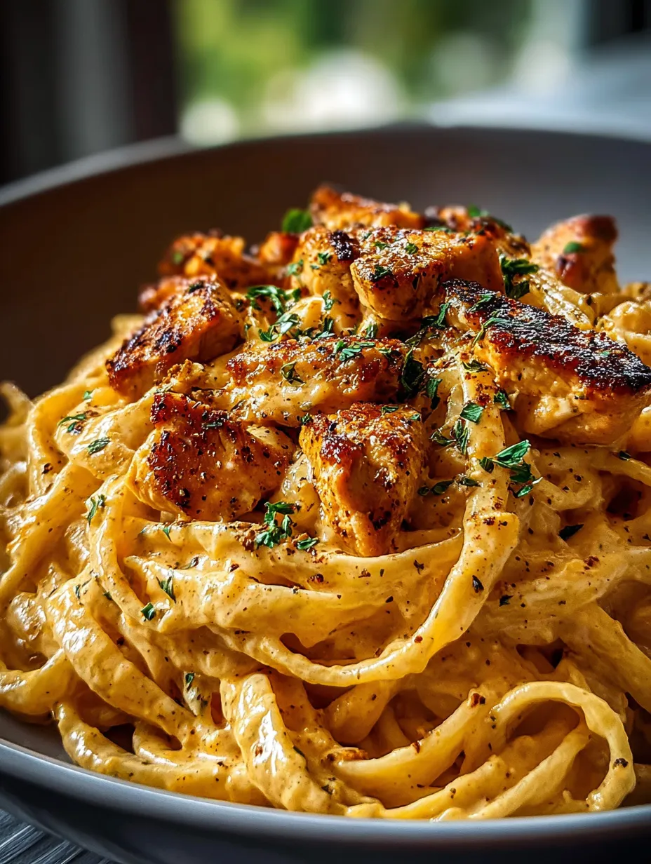 A bowl of pasta with chicken and herbs.