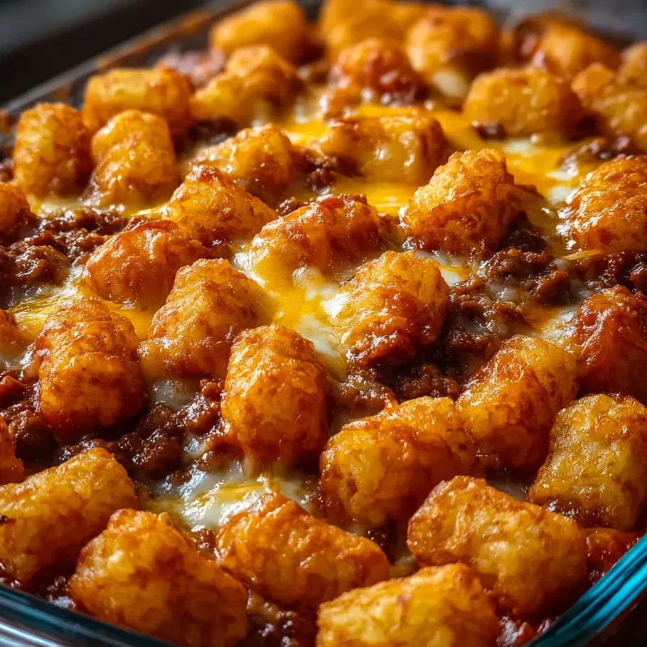 A dish of tater tots with cheese and meat.