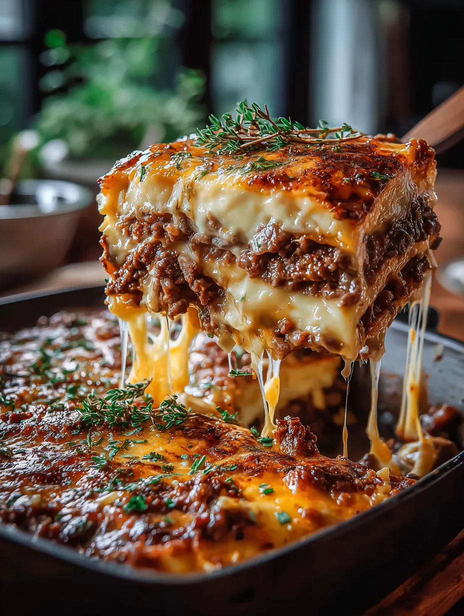 A close up of a delicious cheese and meat dish.