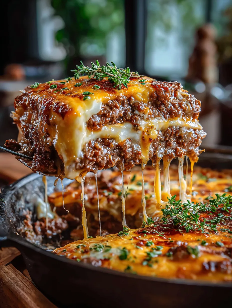 A close up of a delicious cheese and meat casserole.